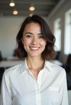 In a contemporary bank office setting, a brunette woman beams with a friendly smile, ready to assist clients with her exceptional service. The atmosphere is welcoming and professional.