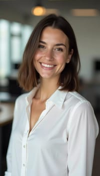 A friendly brunette woman in a white shirt radiates positivity while providing customer service at a bustling bank office, surrounded by a professional atmosphere.