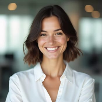 In a modern bank office, a cheerful brunette woman smiles warmly while assisting customers.