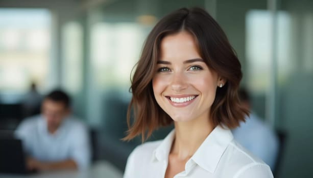 In a bright office atmosphere, a brunette woman cheerfully engages with clients, showcasing professionalism and dedication to exceptional service in the banking sector.