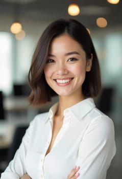 In a contemporary bank office, a cheerful brunette woman stands confidently with a smile, showcasing her dedication to customer service. The atmosphere is modern and inviting.