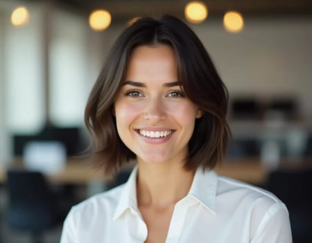 In a modern office, a smiling brunette woman exudes approachability and commitment to customer service in the banking sector.