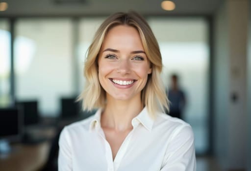 A cheerful blonde woman engages with clients at a contemporary bank office, showcasing her dedication to quality service and client satisfaction.