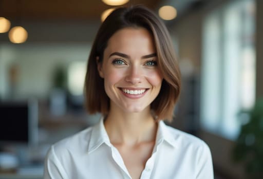 A woman with brunette hair smiles warmly while providing excellent customer service in a modern bank office. Natural light fills the space, enhancing her inviting demeanor.
