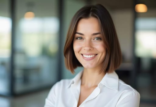 In a modern bank office, a brunette woman exudes friendliness and professionalism with her bright smile, engaging with clients while providing top-notch service and assistance.