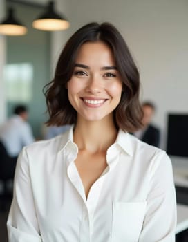 Brunette woman in a white blouse smiles warmly while assisting clients in a modern bank office. Colleagues can be seen working diligently nearby, creating a vibrant atmosphere.