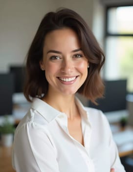 Inside a contemporary bank office, a brunette woman with a friendly smile radiates positivity while assisting clients. Her professional demeanor enhances the welcoming atmosphere.