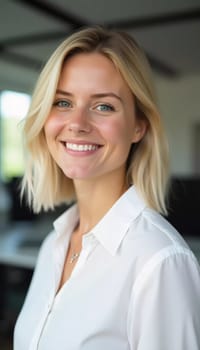 Bright and cheerful, a blonde woman offers friendly assistance at her desk in a modern bank office. Sunlight streams in, illuminating her warm smile as clients arrive.