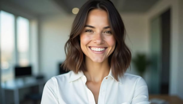 In a modern bank office, a brunette woman with a warm smile engages with clients, showcasing her professionalism and dedication to excellent service.