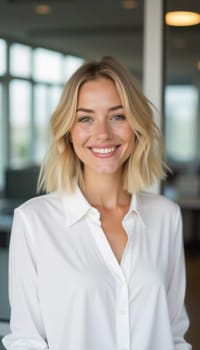 A cheerful blonde woman dressed in a crisp white shirt engages with clients in a contemporary bank office, radiating professionalism and friendliness during a busy workday.