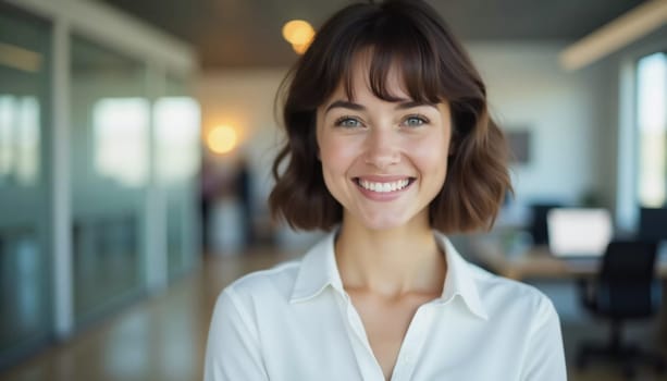 In a contemporary bank office, a cheerful brunette woman offers friendly service, showcasing her bright smile and professionalism. She stands confidently amidst an inviting workspace.