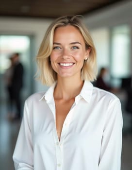 A cheerful blonde woman in a crisp white shirt stands confidently in a contemporary bank office, offering outstanding customer service while brightening the environment with her smile.