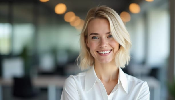A cheerful blonde woman stands confidently in a stylish bank office, showcasing her warm smile as she engages with clients during a busy weekday morning.