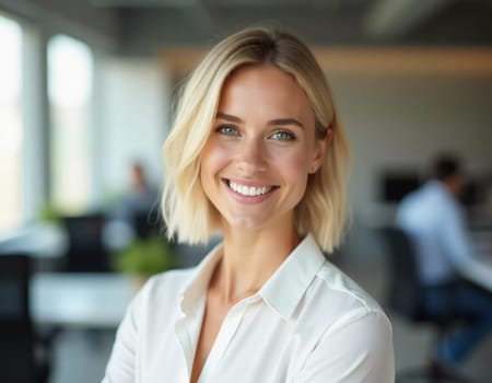 In a modern bank office, a cheerful blonde woman radiates confidence as she engages with clients, showcasing her dedication to excellent service in a vibrant workspace.