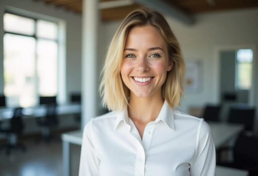 A cheerful blonde woman in a crisp white shirt stands confidently in a contemporary bank office. Her warm smile radiates positivity as she engages with clients and coworkers.