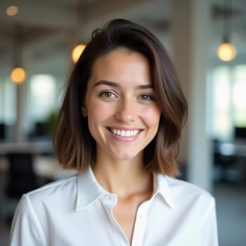 Smiling brunette woman in a crisp white shirt engages warmly with clients in a vibrant bank office, showcasing excellent service in a contemporary environment filled with natural light.