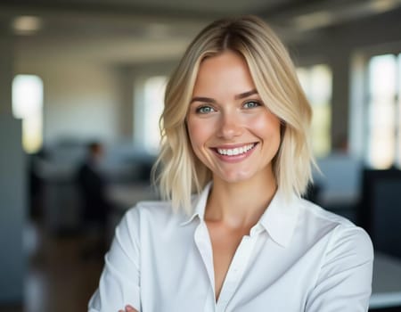 Radiating positivity, a skilled blonde bank representative engages warmly with clients in a contemporary office setting. The atmosphere feels welcoming and professional.