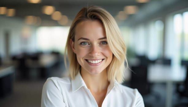 An engaged blonde woman stands confidently in a modern office bank environment, smiling brightly as she offers professional service to clients, showcasing positive energy.