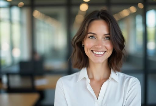 In a bustling bank, a brunette woman offers her help with a friendly smile, creating a bright atmosphere and showcasing her commitment to excellent customer service.