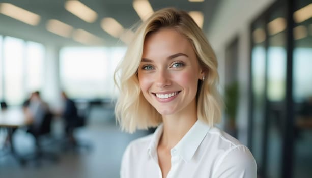 In a modern office filled with natural light, a cheerful blonde woman engages with colleagues while offering her friendly assistance and support.