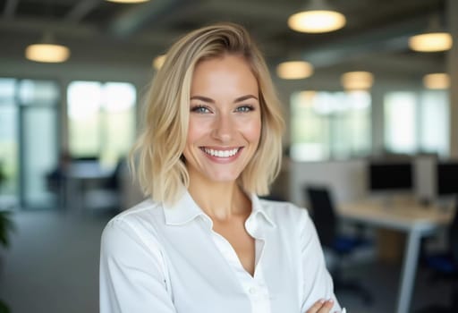A cheerful blonde woman in a crisp white shirt stands confidently in a contemporary bank office, radiating warmth and professionalism while engaging with clients.