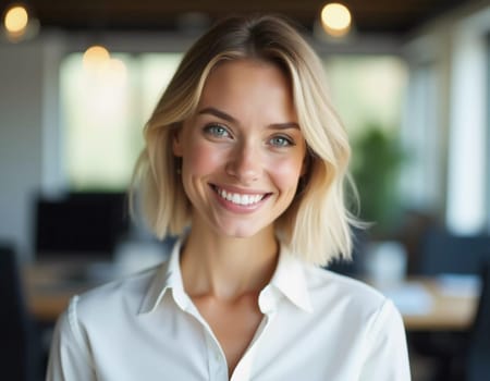 A friendly blonde woman exudes warmth and confidence while assisting clients in a contemporary bank office, showcasing her dedication to excellent customer service.