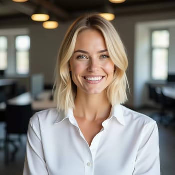A confident blonde woman smiles in a bright office, providing friendly customer service at a busy bank, exuding professionalism and approachability.