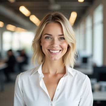 In a contemporary office space, a cheerful blonde woman engages with clients, showcasing her professional demeanor and positive attitude while delivering outstanding customer service.