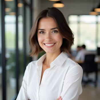 Radiating positivity, a brunette woman in a crisp white shirt shares a genuine smile while representing her bank in a sleek, contemporary office setting filled with busy professionals.