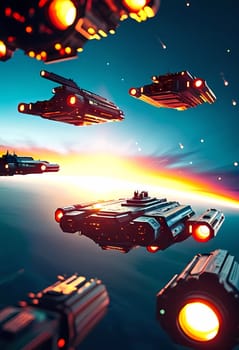 Futuristic spaceships navigate the endless cosmos, illuminating the darkness with bright trails as they explore the universe during a stunning twilight phenomenon.