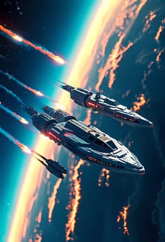 A fleet of advanced spaceships navigates the stunning expanse of the universe, emitting brilliant trails of light as they pierce through interstellar space.