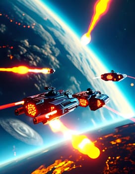 Vibrant spacecraft soar through the dark cosmos, while brilliant energy blasts illuminate the scene. Celestial bodies provide a stunning backdrop in this interstellar adventure.