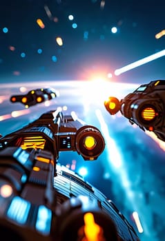 Amidst the vast cosmos, sleek spaceships traverse the galaxy, their engines glowing brightly as they shoot through the star-studded void, sharing the wonders of exploration.