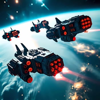 Multiple sleek spaceships dart through the cosmos, their engines glowing brightly as they navigate the dark, star-studded universe with determination and purpose.