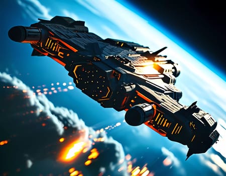 In the depths of space, sleek spaceships navigate amidst colorful cosmic clouds and distant galaxies, illuminating the dark expanse with glowing trails and engines.