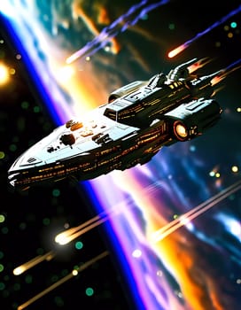 In the depths of outer space, sleek spaceships navigate the cosmic landscape, leaving bright trails as they zip past distant stars and swirling galaxies.