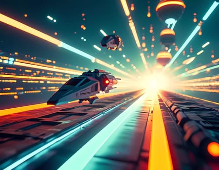 In a mesmerizing display of technology, sleek spaceships glide through luminous trails of light, navigating the vibrant expanse of the cosmos during an otherworldly adventure.