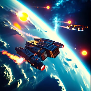 Vivid hues illuminate the vast cosmos where sleek ships navigate celestial wonders.