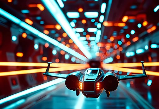 Spaceships race through bright cosmic paths, leaving trails of light as they explore uncharted space, showcasing advanced technology.
