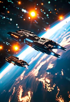 Two futuristic spaceships glide through the starry universe, casting brilliant lights as they explore the vast cosmic realms.