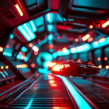 Futuristic spaceships glide smoothly along illuminated tracks within a high-tech corridor, surrounded by glowing lights that pulse in hues of blue and red, hinting at adventure beyond.