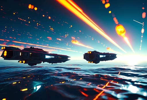 In a stunning display of energy and movement, two spacecraft navigate through dazzling astral currents, leaving trails of light that illuminate the mysterious cosmos around them.