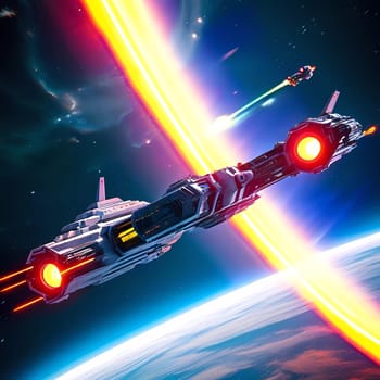 In the depths of the universe, sleek spaceships blaze trails as they navigate dazzling rings and cosmic colors, exploring the wonders of the galaxy in a thrilling journey.