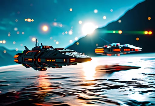 Sleek spacecraft glide effortlessly across the glittering expanse, reflecting celestial lights while navigating cosmic waterways in an uncharted universe, brimming with possibilities.