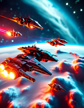 In the universe, ships glide through cloud formations, leaving glowing trails as they explore distant galaxies in breathtaking motion.
