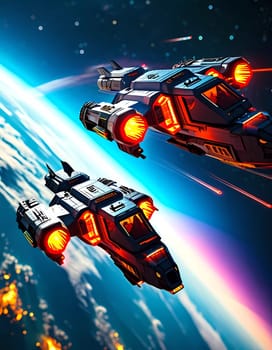 Amidst the vastness of the universe, two sleek spaceships surge through space, their engines glowing brightly as they trace radiant paths across the dark canvas of the cosmos.
