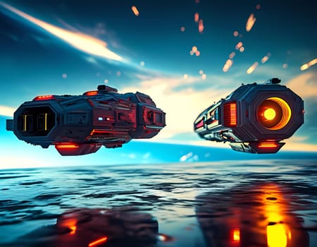 In the vastness of the universe, two advanced spaceships navigate effortlessly, leaving luminous trails behind. Their sleek designs shine brightly against a backdrop of cosmic wonders.