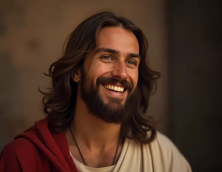 A warm and loving presence shines as a figure embodying Jesus Christ smiles joyfully.