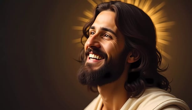 A figure embodying joy and love is captured smiling brightly, illuminated by a radiant halo. The atmosphere is serene, reflecting a deep sense of peace and positivity.