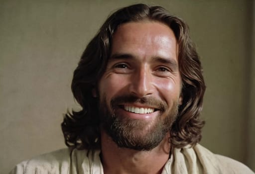 A figure portraying Jesus Christ beams with an infectious smile, conveying peace and love in a simple, softly lit environment.